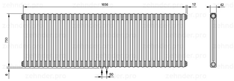 Схема (чертеж) Радиатор Zehnder Charleston 2075/36 №3470 Белый глянцевый RAL 9016
